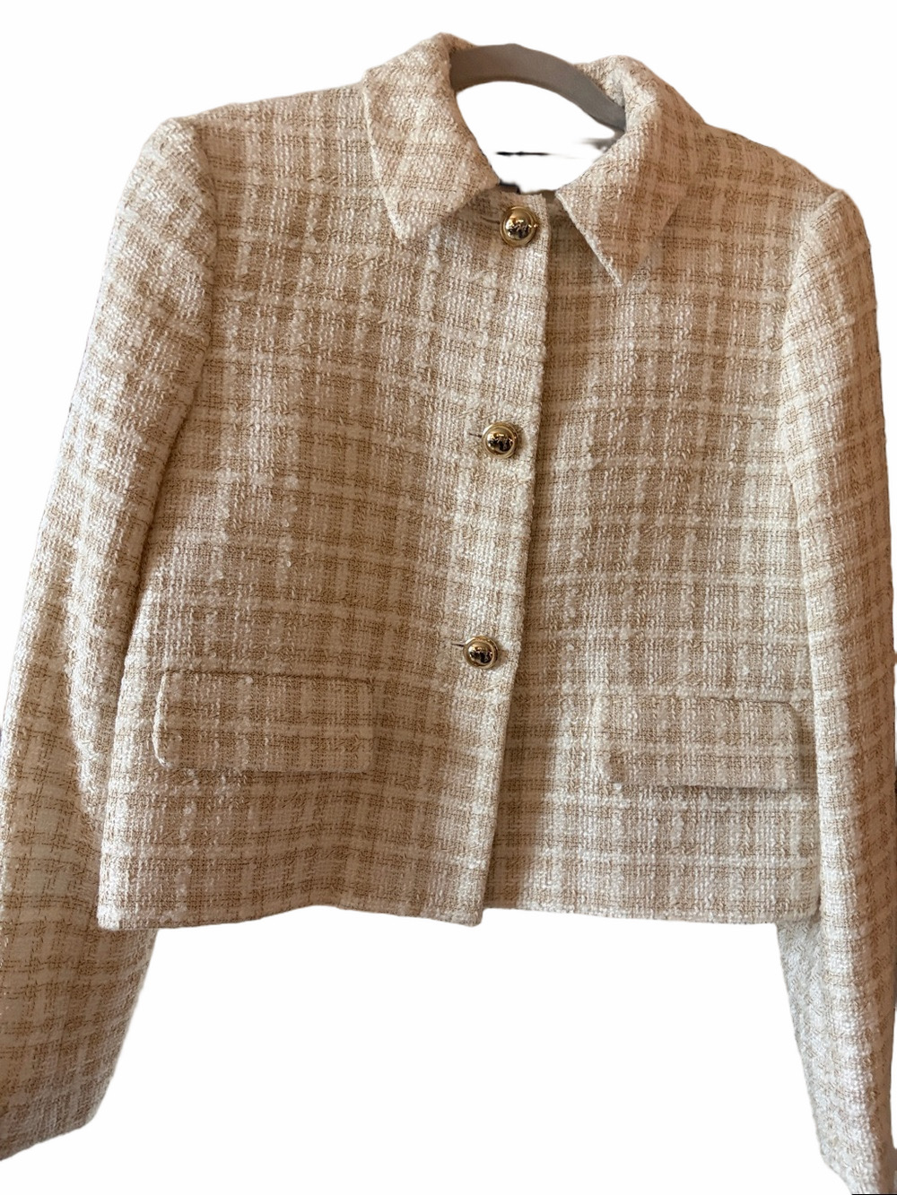 Zara New Cropped ecru /tan checkered plaid tweed old Money cropped blazer small